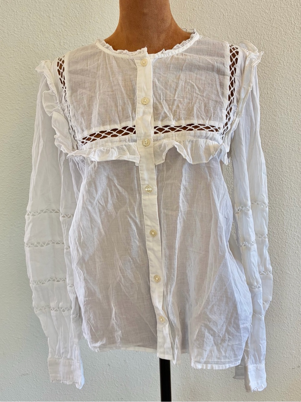 Reformation White Ruffle & Lace-Inset Button Down Blouse